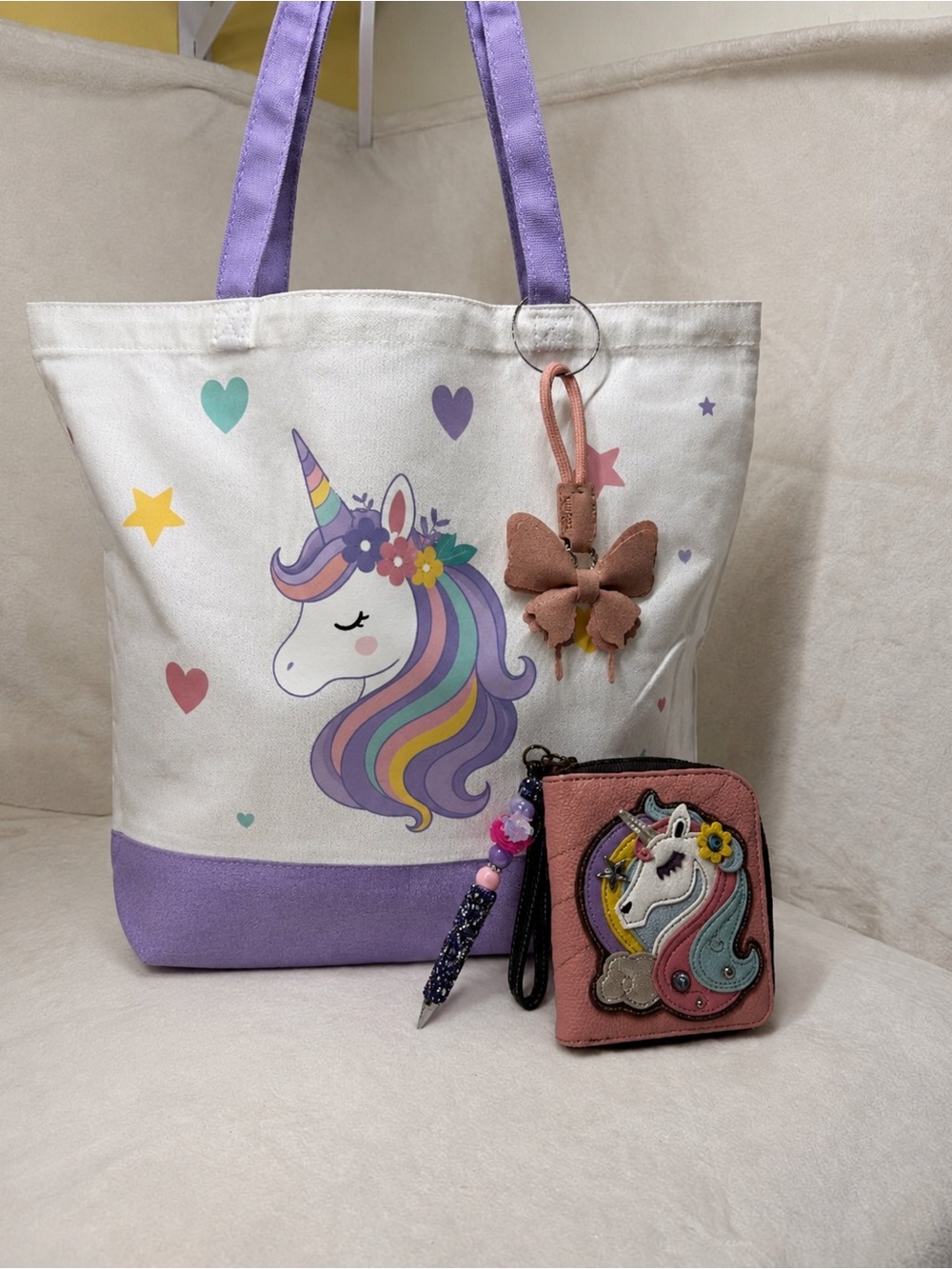 Unicorn Canvas Tote Set w/ Chala Wallet, Decorated Cup, Butterfly Charm & DIY